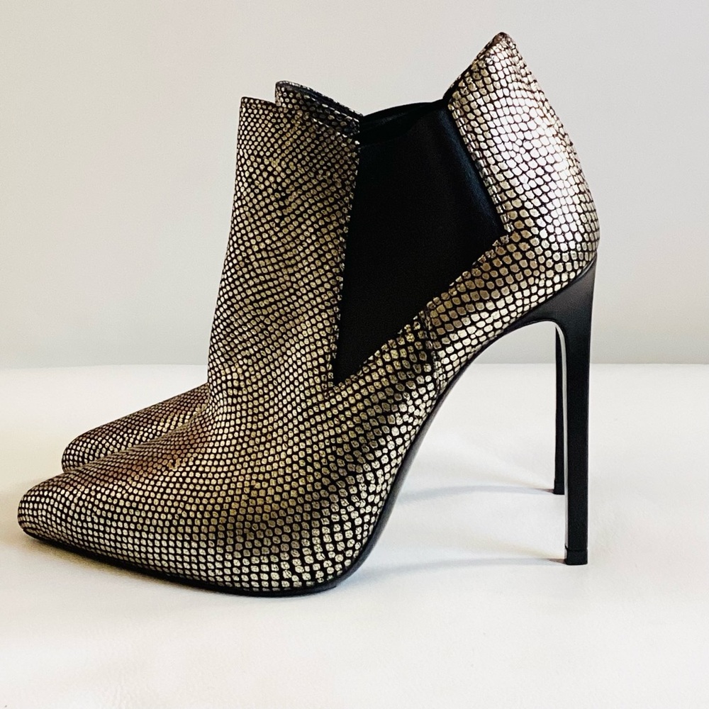 Saint Laurent Snake Embossed Black and Gold Ankle Spike Heel Boots SZ 8.5/38.5 - Picture 1 of 10